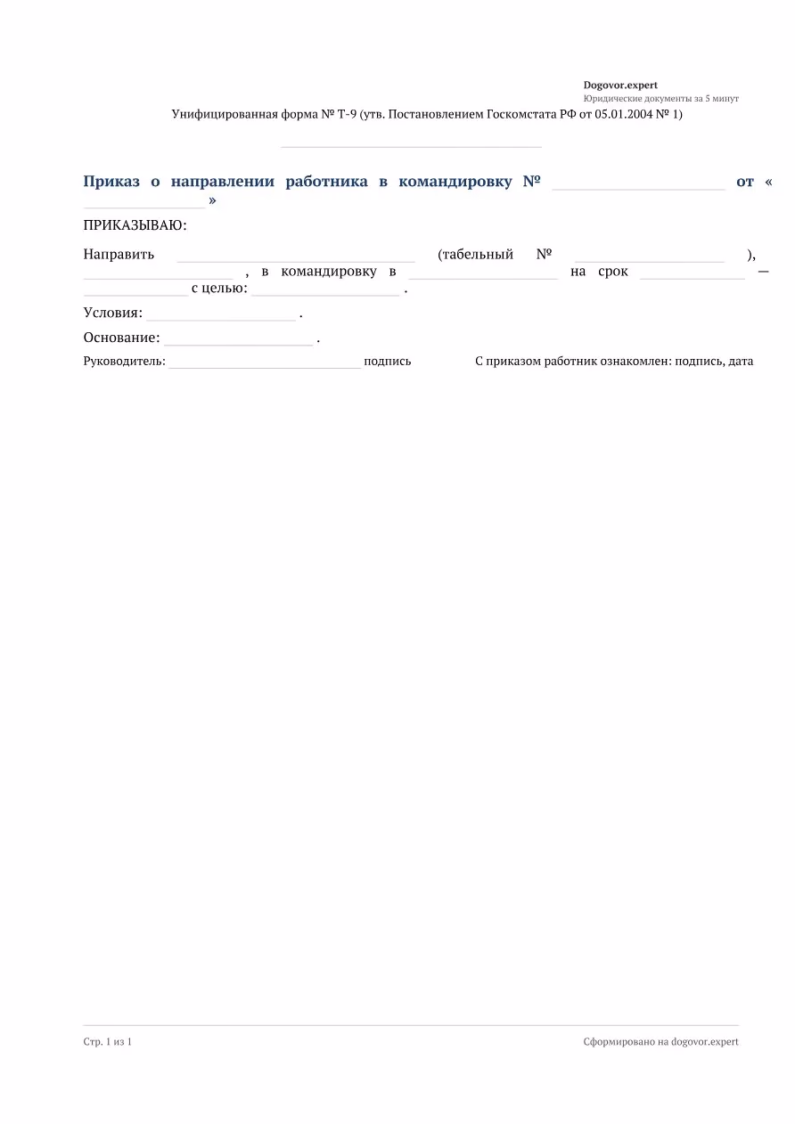 Пустой бланк «Приказ о командировке (Т-9)», страница 1
