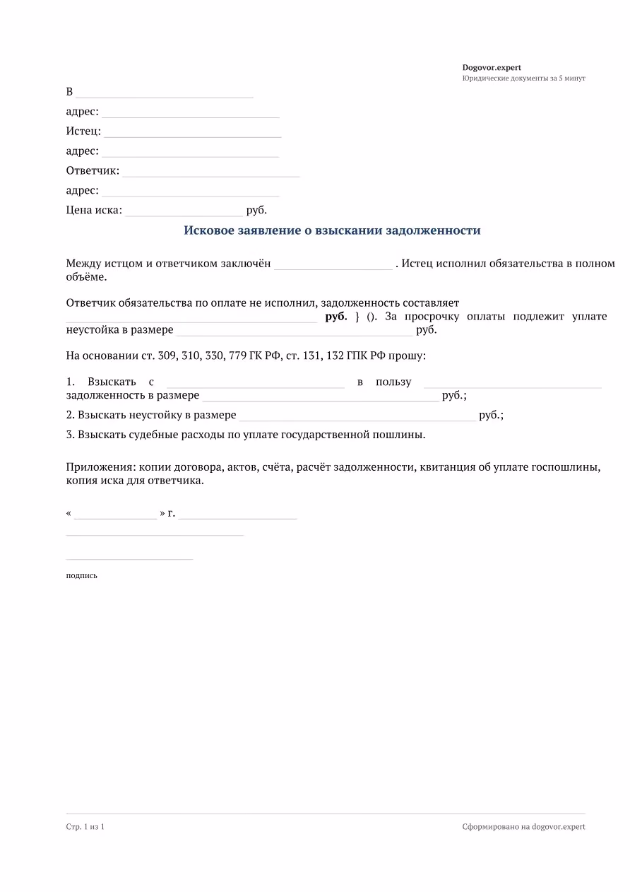 Пустой бланк «Исковое заявление о взыскании задолженности», страница 1