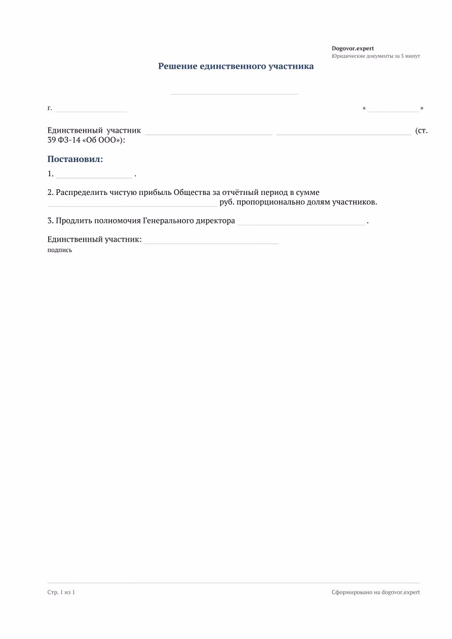 Пустой бланк «Решение единственного участника ООО», страница 1