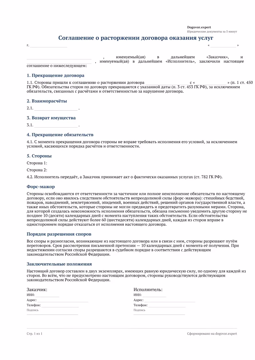 Пустой бланк «Соглашение о расторжении договора оказания услуг», страница 1